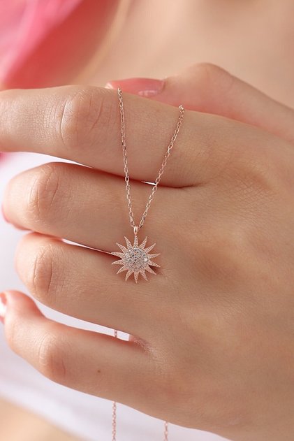 925 Ayar Gümüş Zincirli Rose Kaplama Zirkon Beyaz Taşlı Güneş Model Kolye