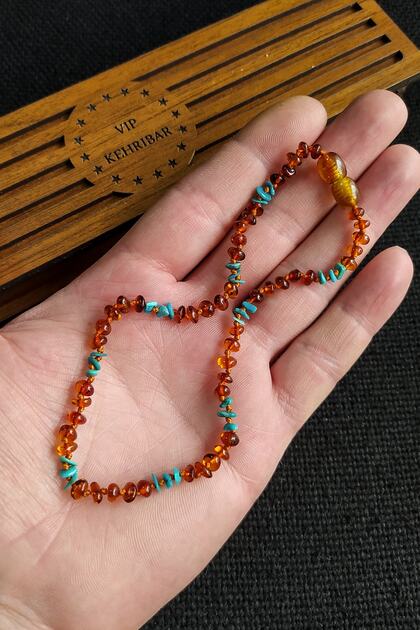 Certified Turquoise Natural Stone Cognac Color Amber Necklace Baby Girl and Boy Tooth Necklace 0-3 Years Old 32 cm