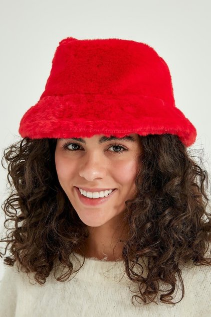 Peluş Bucket Şapka Yumuşak Dokulu Peluş Bucket Balıkçı Kırmızı