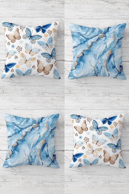 Blue Butterflies and Marble Pattern Concealed Zippered Throw Pillow Cover Sofa Pillow Cover Set (4pcs)