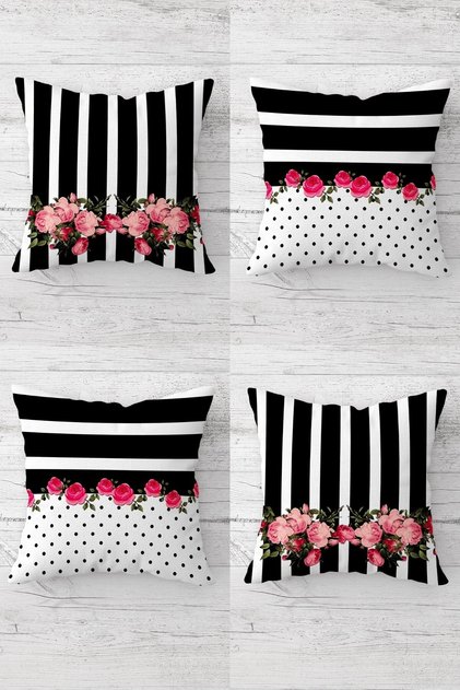 Rose Bouquet Patterned Vintage Concealed Zippered Throw Pillow Cover Sofa Pillow Cover Set (4pcs)