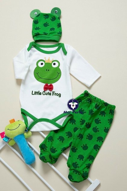 Unisex Bebek Yeşil Kurbağa Zıbın Takımı 3 Lü