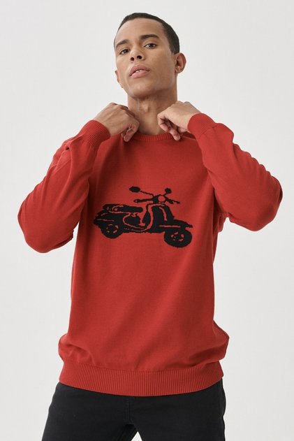 Men's Red-black Standard Fit Crew Neck Patterned 100% Cotton Knitwear Sweater