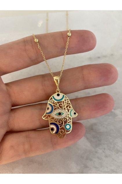 Işlemeli Fatma Ana Eli Kolye Altın Kaplama 925 Ayar Gümüş