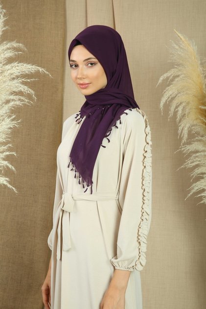 Mürdüm Renk El Işi Boncuklu Yazma 110cm X 110cm Eşarp