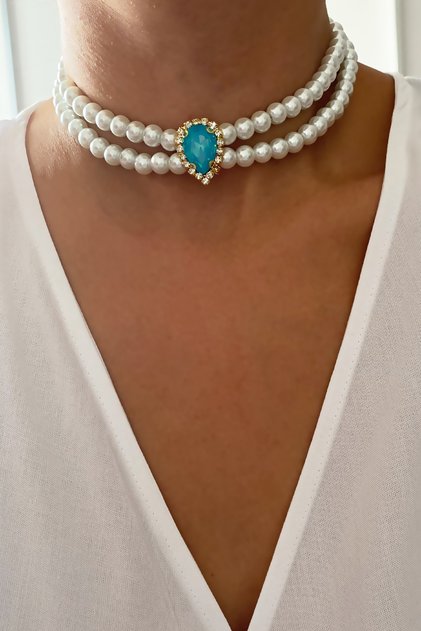 Drop Crystal Glass Pearl Choker Necklace