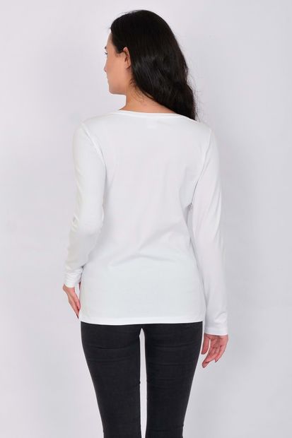 Letoile Pamuk Likralı Uzun Kollu Kadın T-shirt Beyaz - 5