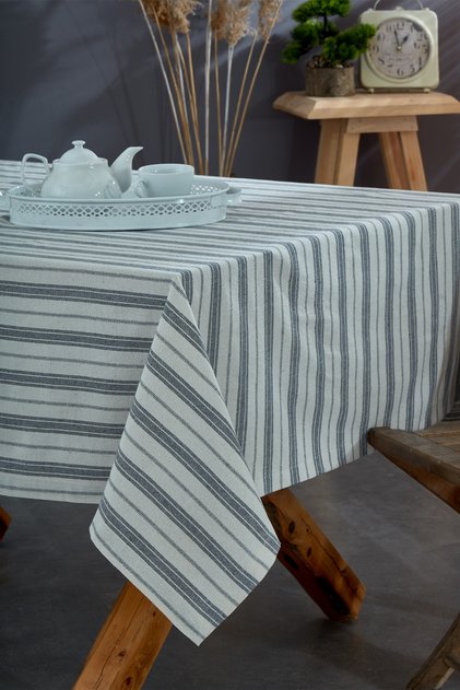 Washed Cotton Anthracite Striped Tablecloth