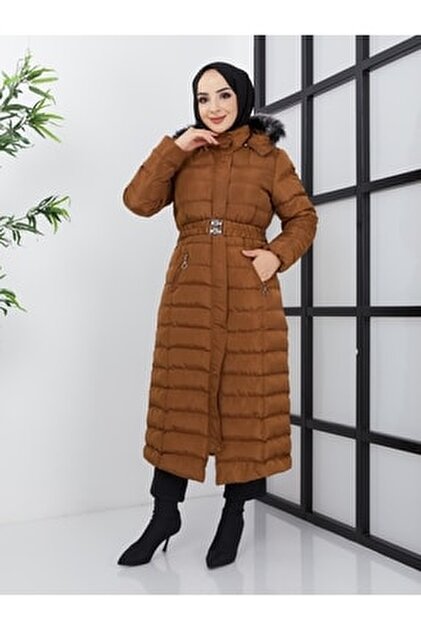 KMKkombin Kadın Tam Boy Uzun Yoğun Elyaflı Kapşonu Kürklü Tesettür