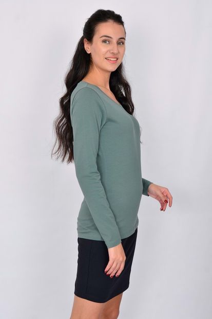 Letoile Pamuk Likralı Uzun Kollu Kadın T-shirt Yeşil - 3