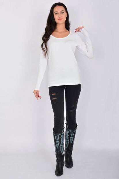 Letoile Pamuk Likralı Uzun Kollu Kadın T-shirt Beyaz - 3
