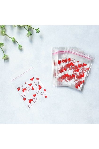 Heart Patterned Taped Transparent Bag 10x15 Cm (50 Pieces)