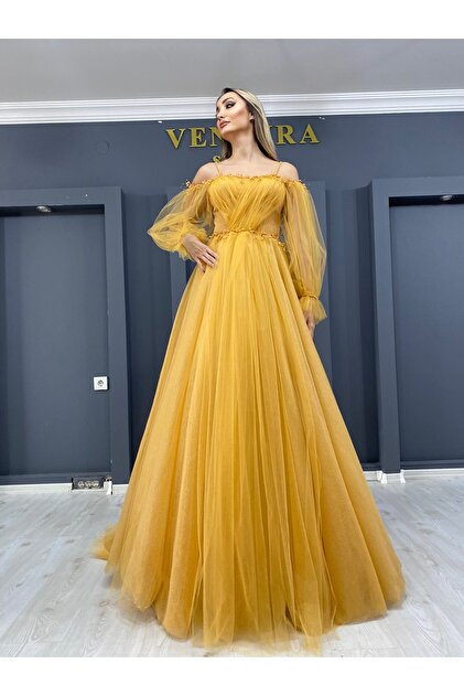 VENTURA SPOZA Intense Pearl Embroidered Mustard Evening Dress-engagement-  Trendyol
