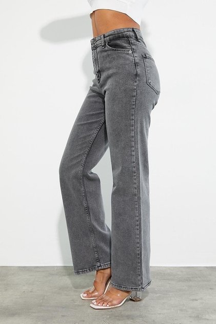Calderon Women's Smoked High Waist Lycra Wide Leg Denim Jeans