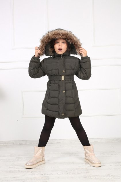 Girl's Khaki Plush Puffer Coat with Removable Belt