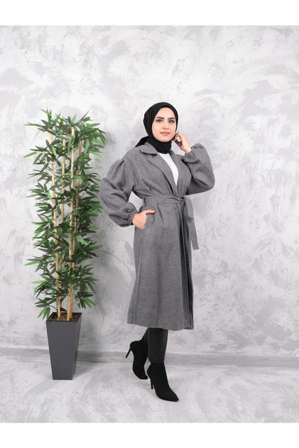Women's Hijab Coat with Gathered Sleeves and Belted\cache Coat