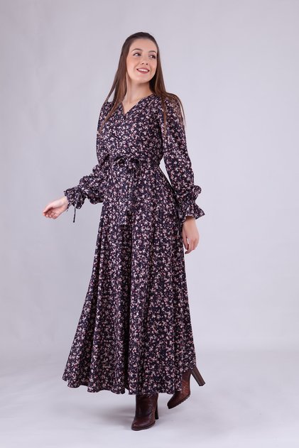 Rochie de damă din catifea, cu imprimeu floral, lungime maxi, cu guler, cu două rânduri de nasturi, cu mâneci lungi