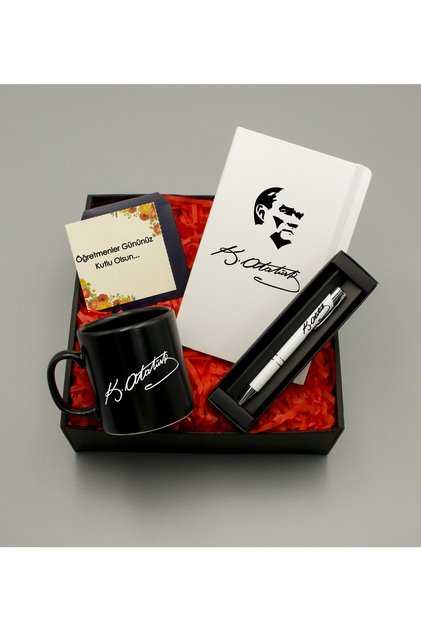 Kişiye Özel Atatürk Tasarımlı Beyaz Defter & Siyah Kupa & Beyaz Roller Kalem Hediye Seti