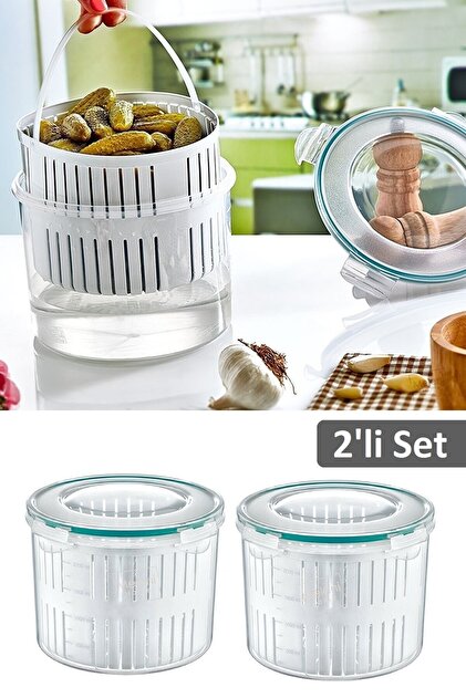 min2。2個セット。 Meleni Home 2'li Set Süzgeçli Turşuluk - Zeytin Turşu Saklama Kabı