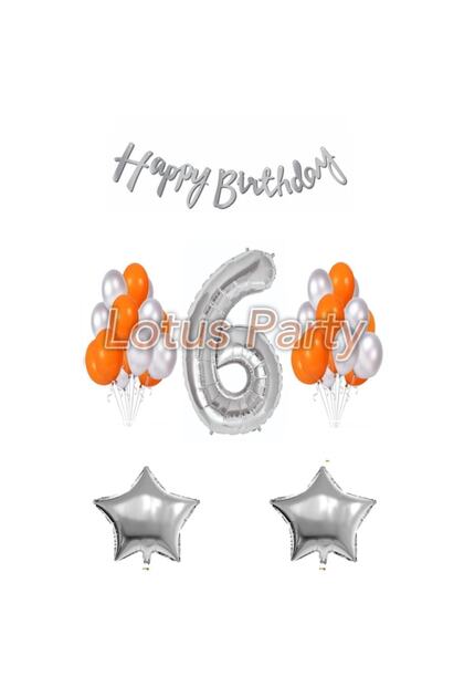6 Year Old Birthday Set 1 Number Balloon 20 Pieces Silver - Orange Balloon 2 Star Balloon Happy Birthday Lettering