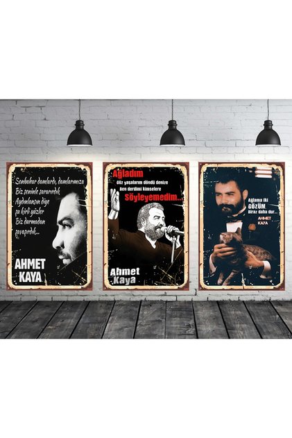 Ahmet Kaya Ağlama Iki Gözüm Seti 3 Adet 20x30 Cm Retro Ahşap Tablo