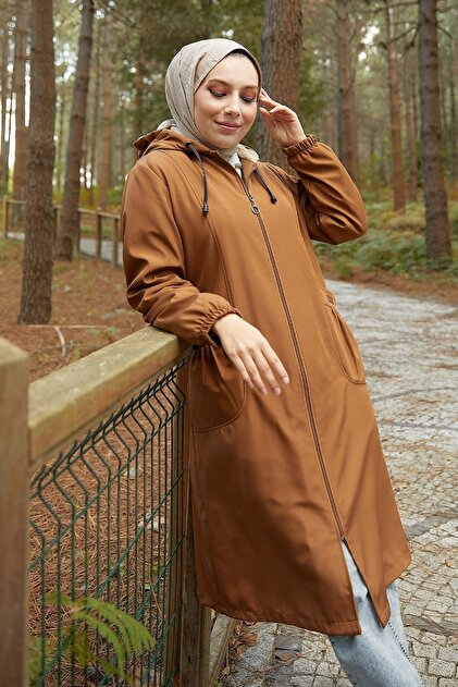 InStyle Aryes Fleece Coat with Drawstring Pockets - Tan- Trendyol