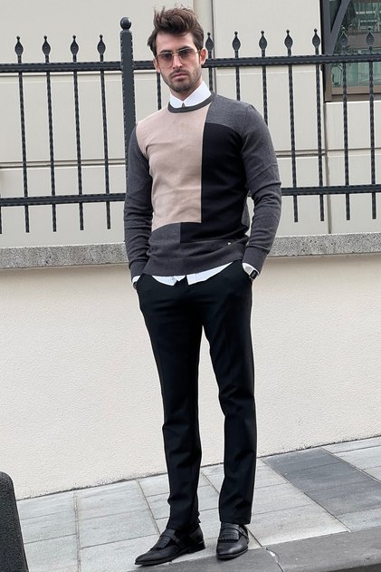Slim-Fit Crew Neck Patterned Knitwear Sweater