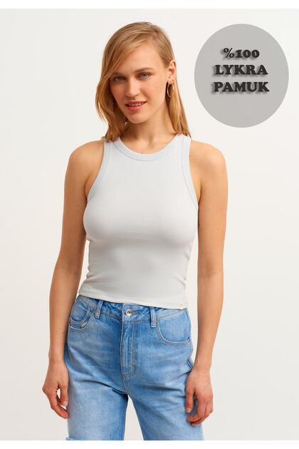 Women's Light Gray Ribbed T-Shirt Halter Neck Knitted Undershirt