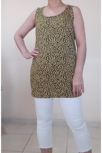 Leopard Patterned Combed Knitted Thick Strap T-Shirt