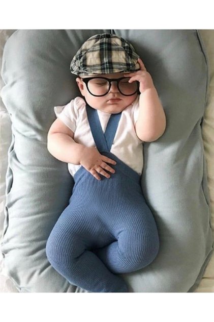 Indigo Color High Waist Front Cross Strap Adjustable Ribbed Baby Knitwear Leggings Trousers