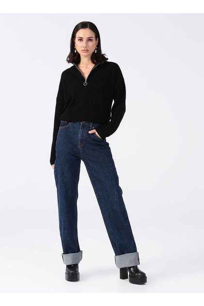 Yüksek Bel Koyu Indigo Relaxed Kadın Denim Pantolon Letra