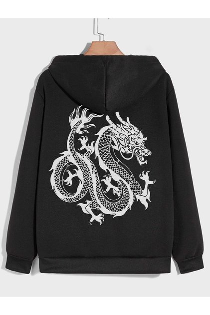 Unisex Dragon Printed Hooded Sweatshirt Jacket