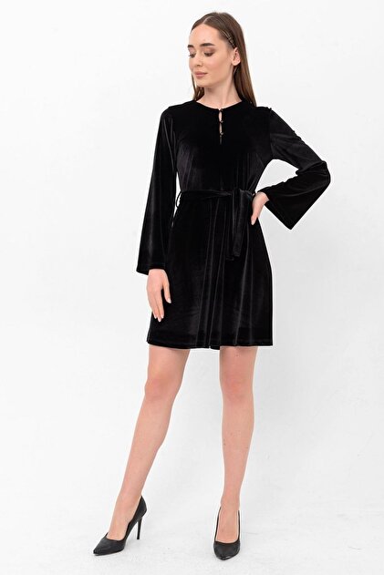 Laranor Black Half Spanish Sleeve Buttoned Drop Collar Flared Velvet Dress-  Trendyol
