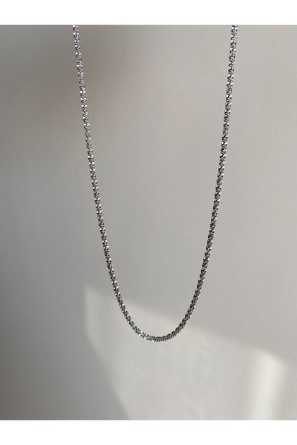 Steel Silver Thin Glitter Dense Twist Chain Necklace - No Darkening -