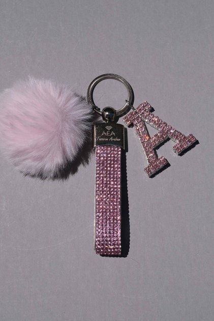 Pink Jewelled & No Logo Keychain & Little Pompom Light Pink & Pink Letter A