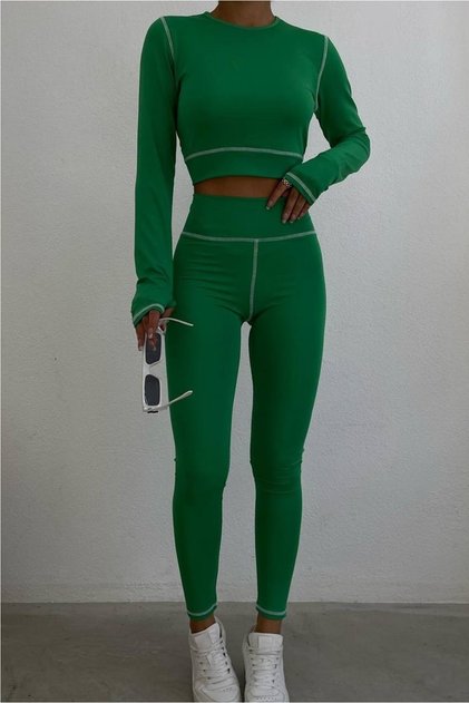 Women's Karyoka Stitched Green Crop Tights Set 1264