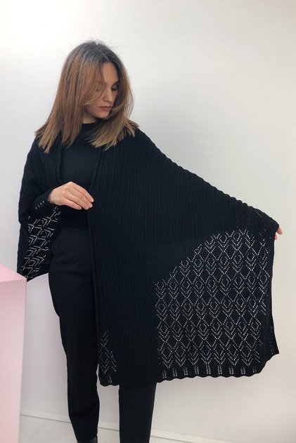Kadın Anne Akrilik Orlon Triko Etnik Desen Kışlık Siyah Kalın Omuz Şalı 104