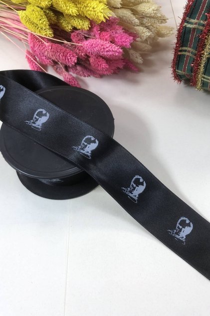 Black Atatürk Patterned Satin Ribbon 4 cm 1 Meter – Ribbon, Stylish Design, Women's Accessory – Ribbon