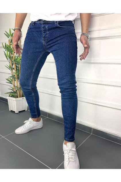 Men's Blue Skinny Fit Lycra Ankle Pattern Jean Trousers