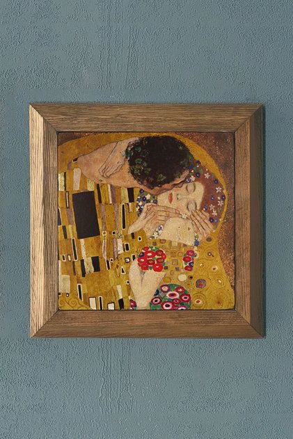Masif Çerçeveli The Kiss (öpücük) Taş Tablo- Duvar Dekoru- 28x28 Cm-wall Decor