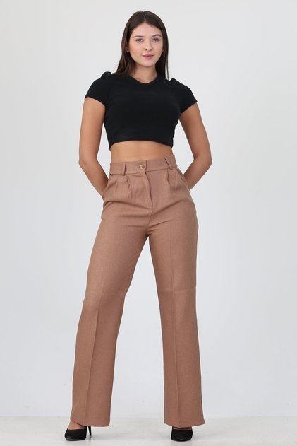 Women's Camel High Waist Pocket Palazzo Fabric Trousers Ela001