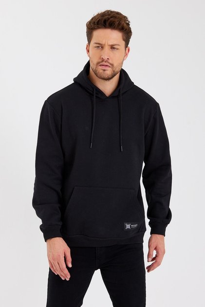 Black Kangaroo Pocket Hooded Cotton Men's Sweatshirt