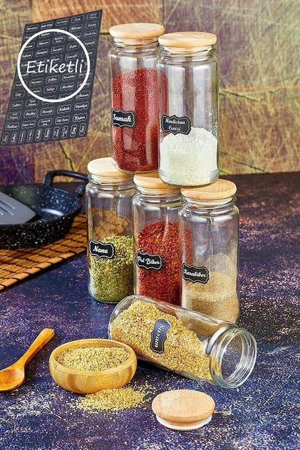 Etiketli 6'lı Ahşap Kapaklı 500 Ml Cam Baharatlık Seti Saklama Kabı