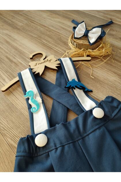 Sea Animals Concept Dark Blue and White Salopette with Sea Horse and Dolphin Figures