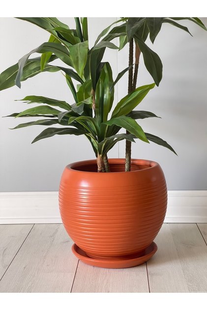 40litre Küre Saksı Tabaklı 37cmx37cm Çizgili Kiremit Renk