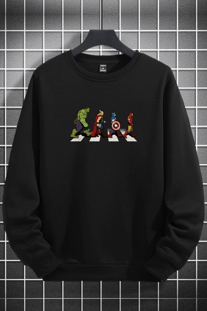 Unisex Kadın Erkek Marvel Karakterler Baskılı Sıfır Yaka Siyah Sweatshirt