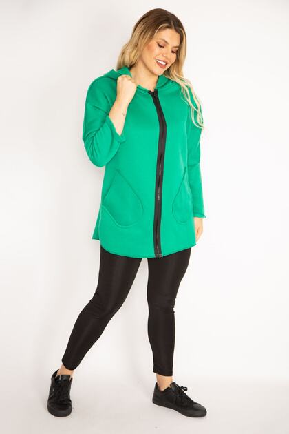Women's Large Size Green Front Zipper Pocket and Hooded Coat 65n35108