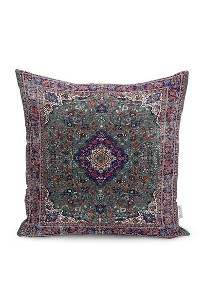 Digital Printed Pillow and Throw Pillow Cover with Naveled Carpet on Green Background and Persian Pattern