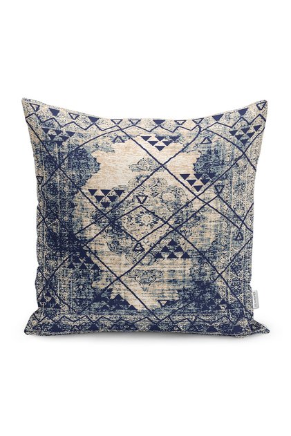 Dark Blue - Traditional Patterned Digital Printed Pillow Throw Pillow Cover with Ancient Motif on Cream Background