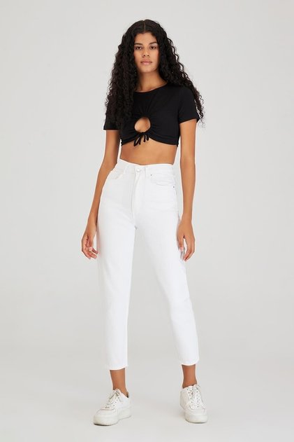 Coral Women's White Color 100% Koton Denim Fabric Mom Fit High Waist Jeans